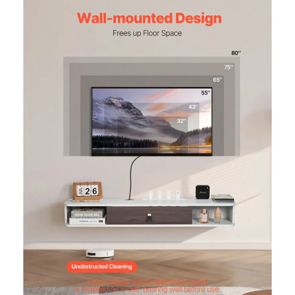 VEVOR Floating TV Stand, 47 in Wall Mount Entertainment Center with Cable Hole, Modern Floating TV Shelf with Storage Cabinet, Particle Board Console for DVD Player, Cable Box, Game Console, White