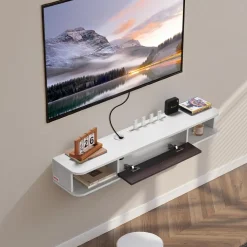 VEVOR Floating TV Stand, 47 in Wall Mount Entertainment Center with Cable Hole, Modern Floating TV Shelf with Storage Cabinet, Particle Board Console for DVD Player, Cable Box, Game Console, White