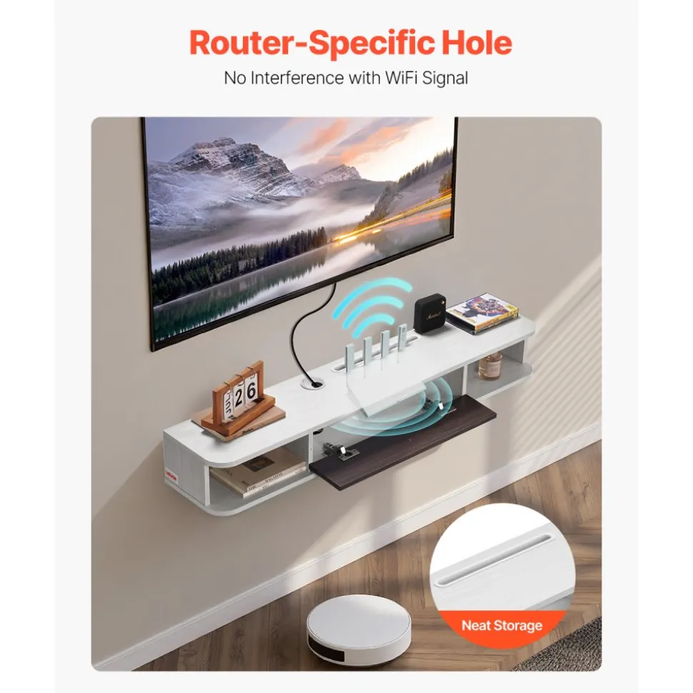 VEVOR Floating TV Stand, 47 in Wall Mount Entertainment Center with Cable Hole, Modern Floating TV Shelf with Storage Cabinet, Particle Board Console for DVD Player, Cable Box, Game Console, White