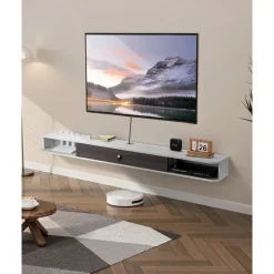 VEVOR Floating TV Stand, 70 in Wall Mount Entertainment Center with Cable Hole, Modern Floating TV Shelf with Storage Cabinet, Particle Board Console for DVD Player, Cable Box, Game Console, White