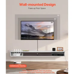 VEVOR Floating TV Stand, 70 in Wall Mount Entertainment Center with Cable Hole, Modern Floating TV Shelf with Storage Cabinet, Particle Board Console for DVD Player, Cable Box, Game Console, White