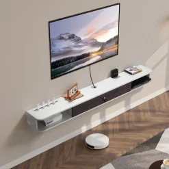VEVOR Floating TV Stand, 70 in Wall Mount Entertainment Center with Cable Hole, Modern Floating TV Shelf with Storage Cabinet, Particle Board Console for DVD Player, Cable Box, Game Console, White