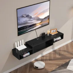 VEVOR Floating TV Stand, 59" Wall Mount Entertainment Center with Power Outlet & Cable Hole, Modern Floating TV Shelf with Storage Cabinet for DVD Player, Cable Box, Game Console, TV Accessory, Black