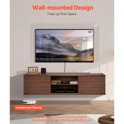 VEVOR Floating TV Stand, 60" Wall Mount Entertainment Center with Adjustable Shelf & Sliding Doors, 2 Tiers Floating TV Shelf with Storage Cabinet for DVD Player, Cable Box, Game Console, Walnut