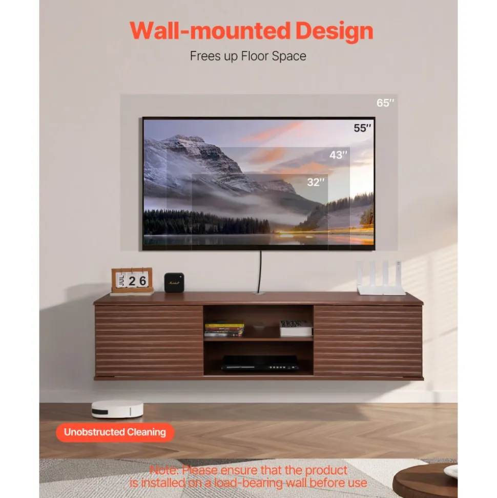 VEVOR Floating TV Stand, 60" Wall Mount Entertainment Center with Adjustable Shelf & Sliding Doors, 2 Tiers Floating TV Shelf with Storage Cabinet for DVD Player, Cable Box, Game Console, Walnut