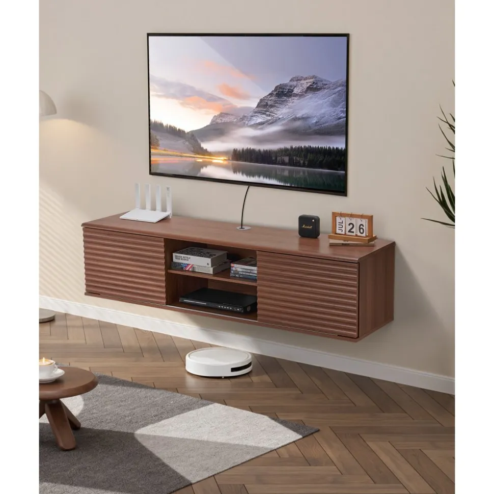 VEVOR Floating TV Stand, 60" Wall Mount Entertainment Center with Adjustable Shelf & Sliding Doors, 2 Tiers Floating TV Shelf with Storage Cabinet for DVD Player, Cable Box, Game Console, Walnut