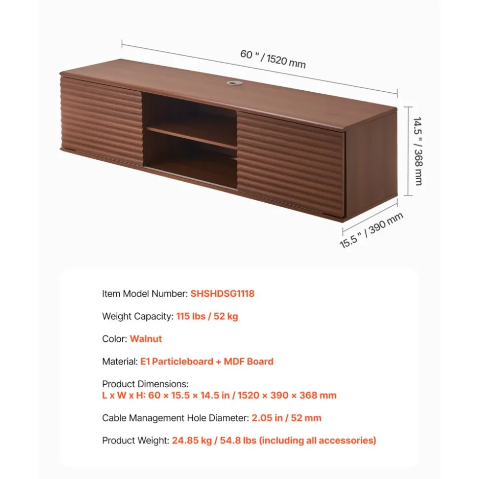 VEVOR Floating TV Stand, 60" Wall Mount Entertainment Center with Adjustable Shelf & Sliding Doors, 2 Tiers Floating TV Shelf with Storage Cabinet for DVD Player, Cable Box, Game Console, Walnut