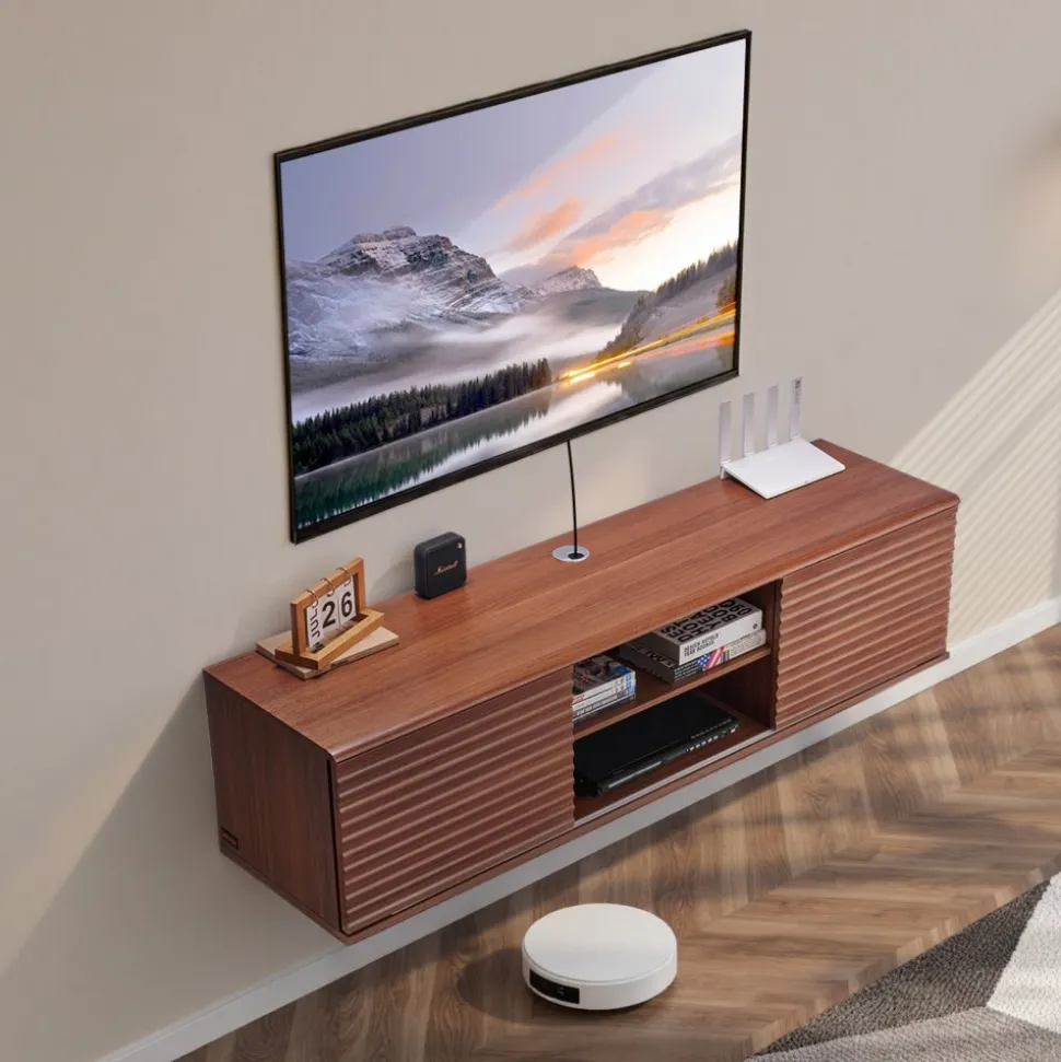 VEVOR Floating TV Stand, 60" Wall Mount Entertainment Center with Adjustable Shelf & Sliding Doors, 2 Tiers Floating TV Shelf with Storage Cabinet for DVD Player, Cable Box, Game Console, Walnut