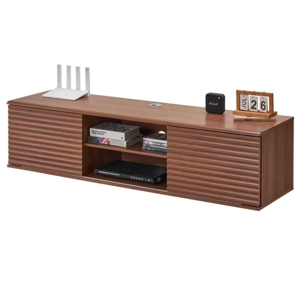 VEVOR Floating TV Stand, 60" Wall Mount Entertainment Center with Adjustable Shelf & Sliding Doors, 2 Tiers Floating TV Shelf with Storage Cabinet for DVD Player, Cable Box, Game Console, Walnut