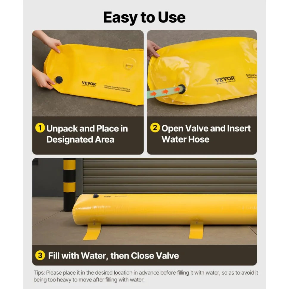 VEVOR Flood Barrier, 12 ft Length x 12 in Height Sandbag Alternative, Water Barrier for Flooding with Great Waterproof Effect, Reusable PVC Water Diversion Tubes, Flood Barriers for Home, Door, Garage