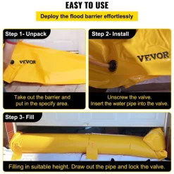 VEVOR Flood Barrier, 24 ft Length x 6 in Height Sandbag Alternative, Water Barrier for Flooding with Great Waterproof Effect, Reusable PVC Water Diversion Tubes, Flood Barriers for Home, Door, Garage