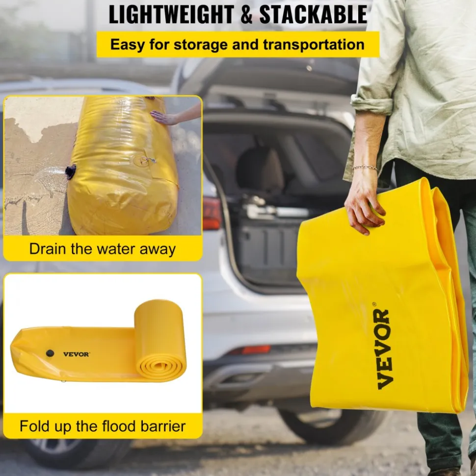 VEVOR Flood Barrier, 24 ft Length x 6 in Height Sandbag Alternative, Water Barrier for Flooding with Great Waterproof Effect, Reusable PVC Water Diversion Tubes, Flood Barriers for Home, Door, Garage