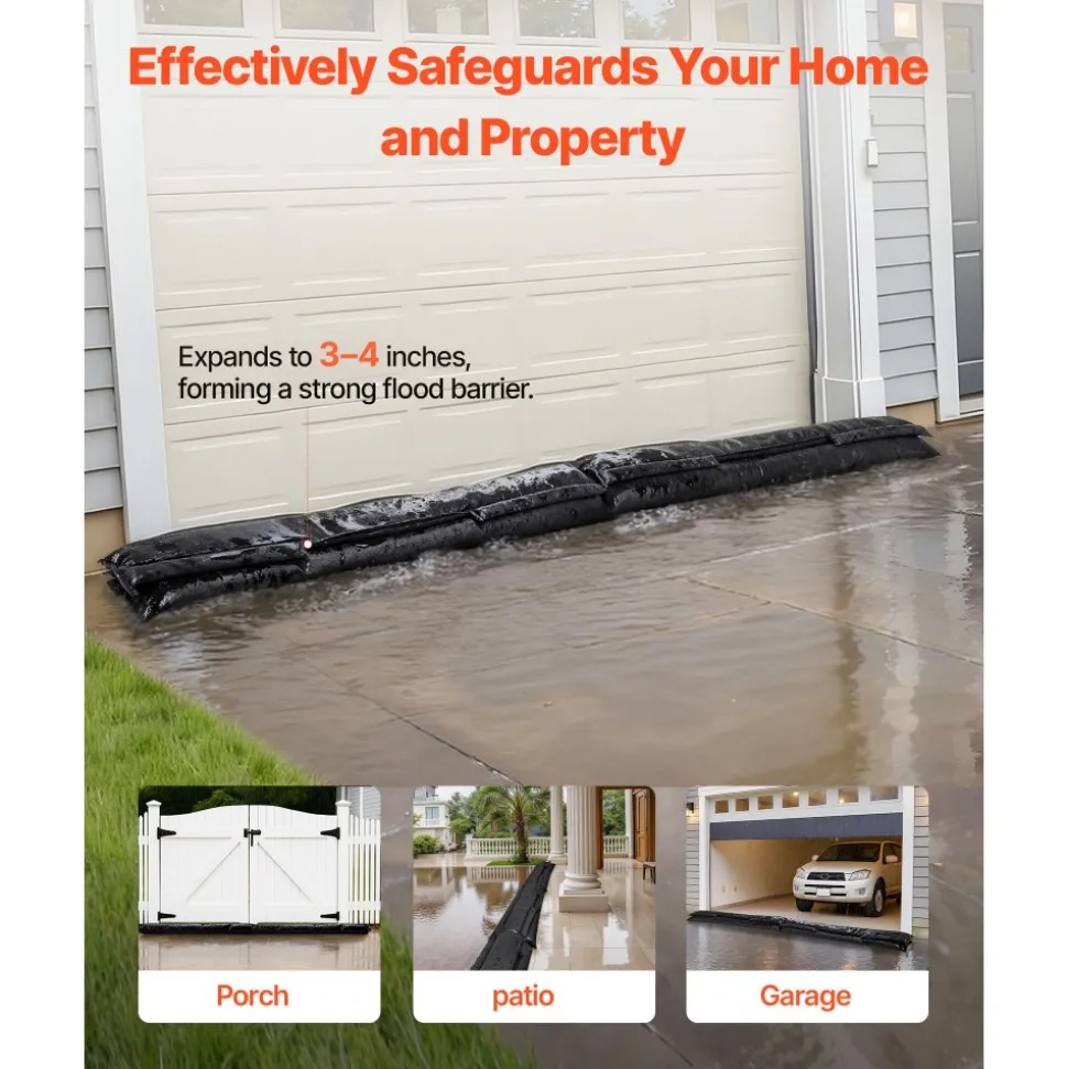 VEVOR Flood Barrier, 10 Pack, 5 x 0.7 ft Flood Bags with Bucket, Reusable Water Absorbent Barrier Activated by Water, Sandless Sandbags Blockage, Flooding Prevention Bags for Basement, Garage, Doorway