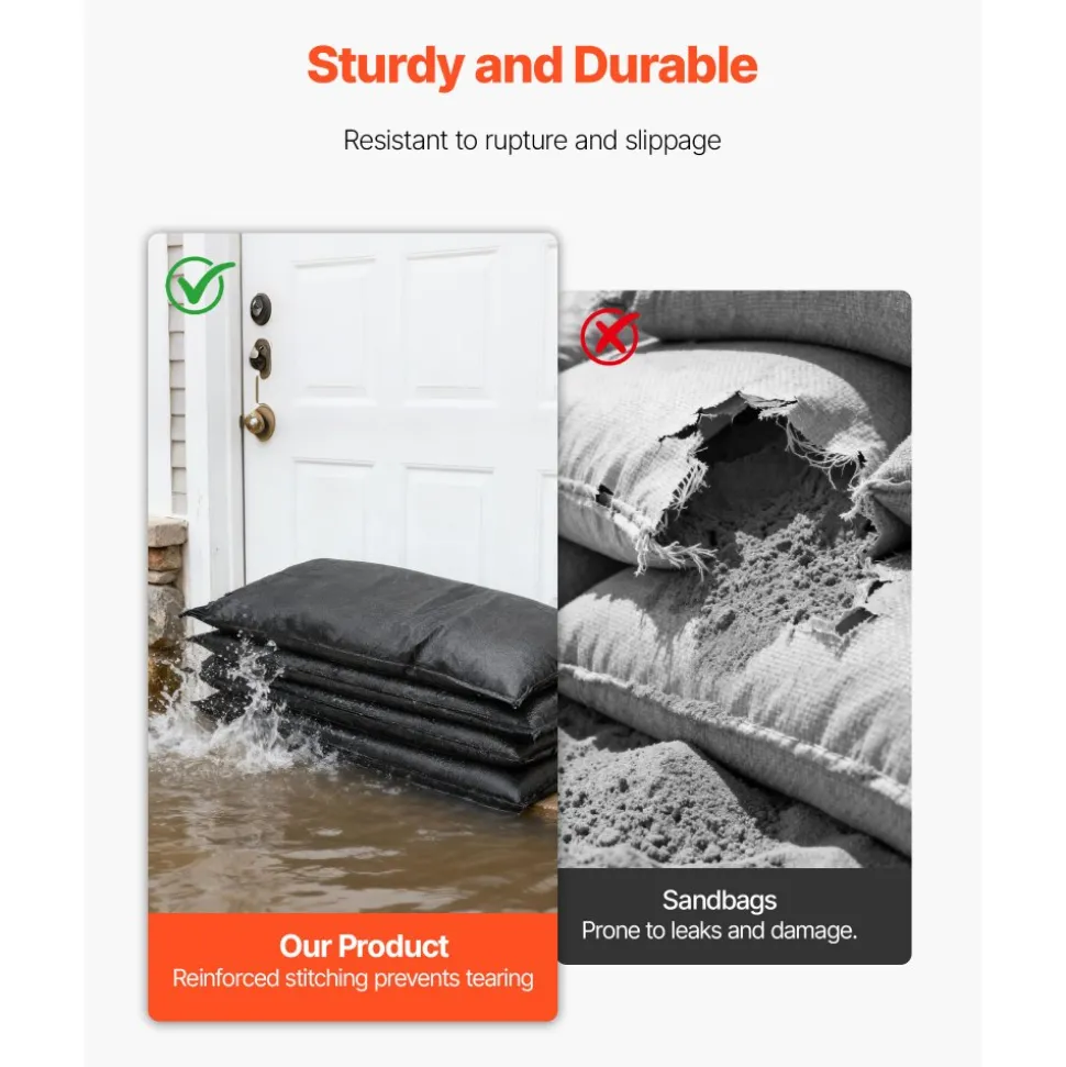 VEVOR Flood Barrier, 10 Pack, 1.4 x 2.7 ft Flood Bags with Bucket, Reusable Water Absorbent Barrier Activated by Water, Sandless Sandbags Blockage, Flooding Prevention Bags for Door, Basement, Garage