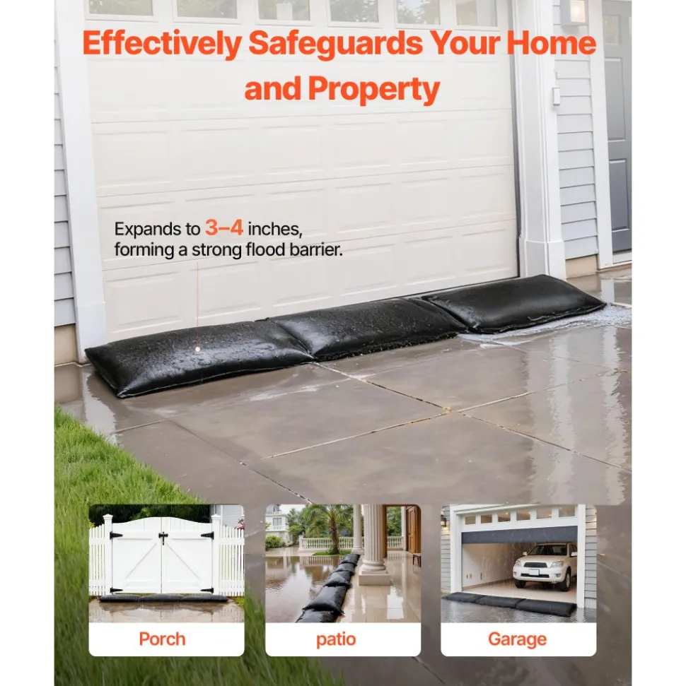 VEVOR Flood Barrier, 10 Pack, 1.4 x 2.7 ft Flood Bags with Bucket, Reusable Water Absorbent Barrier Activated by Water, Sandless Sandbags Blockage, Flooding Prevention Bags for Door, Basement, Garage