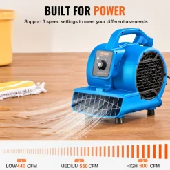 VEVOR Floor Blower, 1360 RPM 600 CFM, Air Mover for Drying and Cooling, Portable Carpet Dryer Fan with 4 Blowing Angles,3-Speeds Adjustment, for Janitorial, Home, Plumbing, Commercial Use