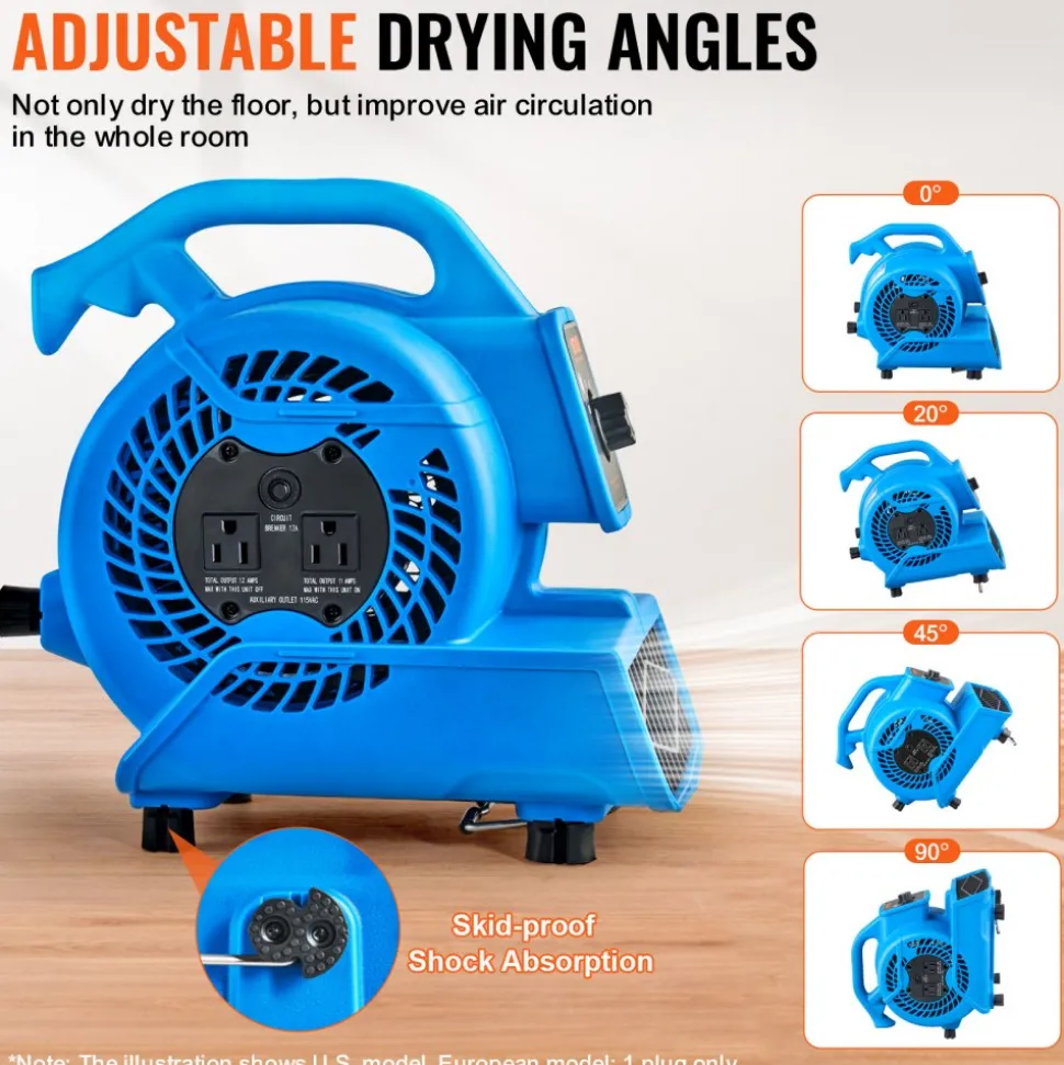 VEVOR Floor Blower, 1360 RPM 600 CFM, Air Mover for Drying and Cooling, Portable Carpet Dryer Fan with 4 Blowing Angles,3-Speeds Adjustment, for Janitorial, Home, Plumbing, Commercial Use