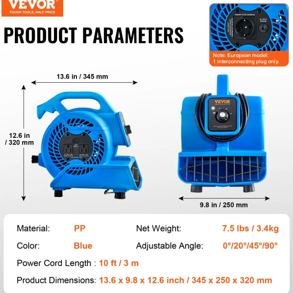 VEVOR Floor Blower, 1360 RPM 600 CFM, Air Mover for Drying and Cooling, Portable Carpet Dryer Fan with 4 Blowing Angles,3-Speeds Adjustment, for Janitorial, Home, Plumbing, Commercial Use