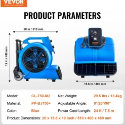 VEVOR Floor Blower, 1560 RPM 4000 CFM, Air Mover for Drying and Cooling, Portable Carpet Dryer Fan with 3 Blowing Angles, Timer, 3-Speeds Adjustment, for Janitorial, Home, Commercial Use