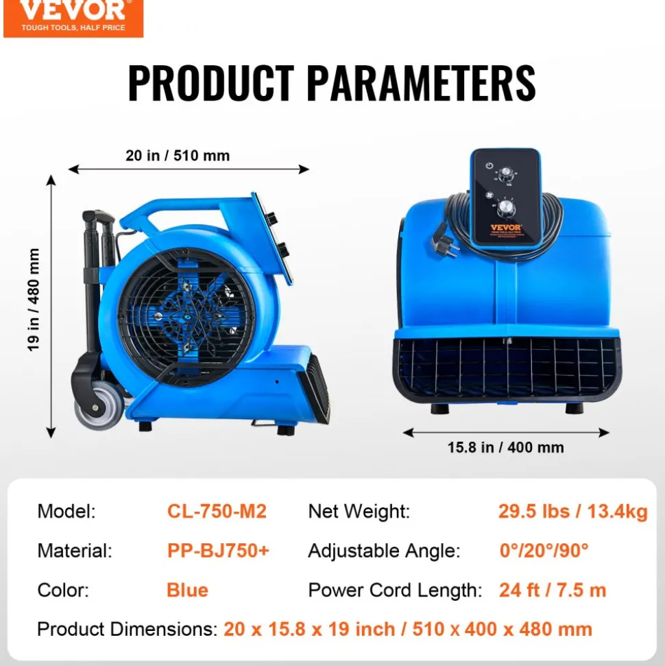 VEVOR Floor Blower, 1560 RPM 4000 CFM, Air Mover for Drying and Cooling, Portable Carpet Dryer Fan with 3 Blowing Angles, Timer, 3-Speeds Adjustment, for Janitorial, Home, Commercial Use