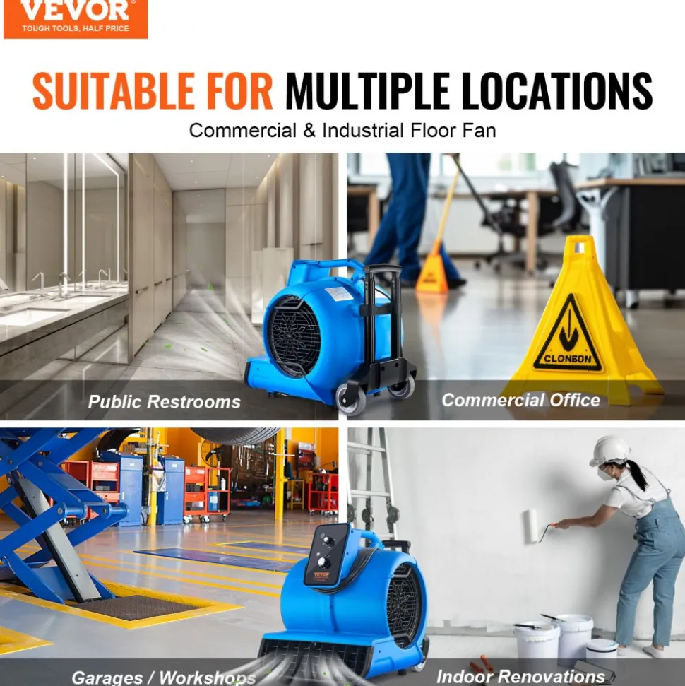 VEVOR Floor Blower, 1560 RPM 4000 CFM, Air Mover for Drying and Cooling, Portable Carpet Dryer Fan with 3 Blowing Angles, Timer, 3-Speeds Adjustment, for Janitorial, Home, Commercial Use