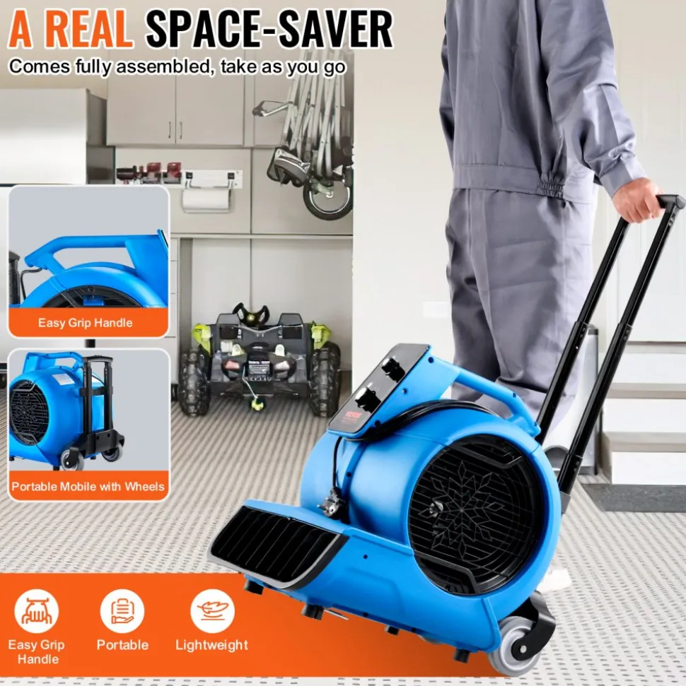 VEVOR Floor Blower, 1560 RPM 4000 CFM, Air Mover for Drying and Cooling, Portable Carpet Dryer Fan with 3 Blowing Angles, Timer, 3-Speeds Adjustment, for Janitorial, Home, Commercial Use