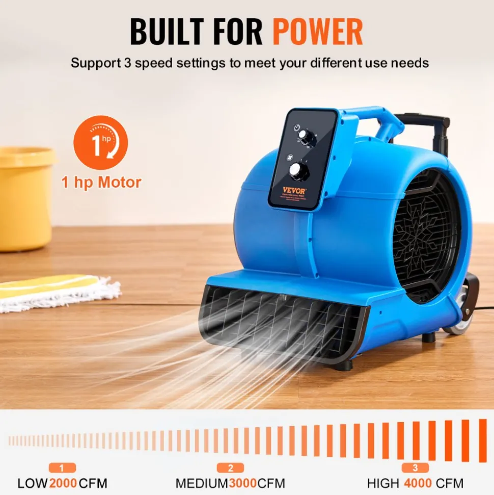 VEVOR Floor Blower, 1560 RPM 4000 CFM, Air Mover for Drying and Cooling, Portable Carpet Dryer Fan with 3 Blowing Angles, Timer, 3-Speeds Adjustment, for Janitorial, Home, Commercial Use