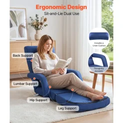 VEVOR Floor Chair, 5 Adjustable Positions Folding Floor Gaming Chair with Back Support, Armrests, and Cushion, Sturdy Metal Frame with Recycled Foam and Linen Fabric, for Reading, Relaxing, Dark Blue