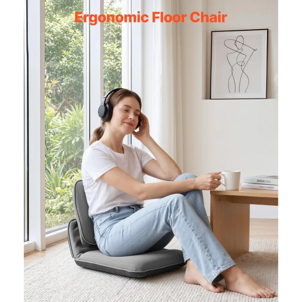 VEVOR Floor Chair, 5 Adjustable Positions Folding Floor Gaming Chair with Ergonomic Back Support, Sturdy Metal Frame with Recycled Foam and Linen Fabric, Multifunctional for Reading, Relaxing, Gray