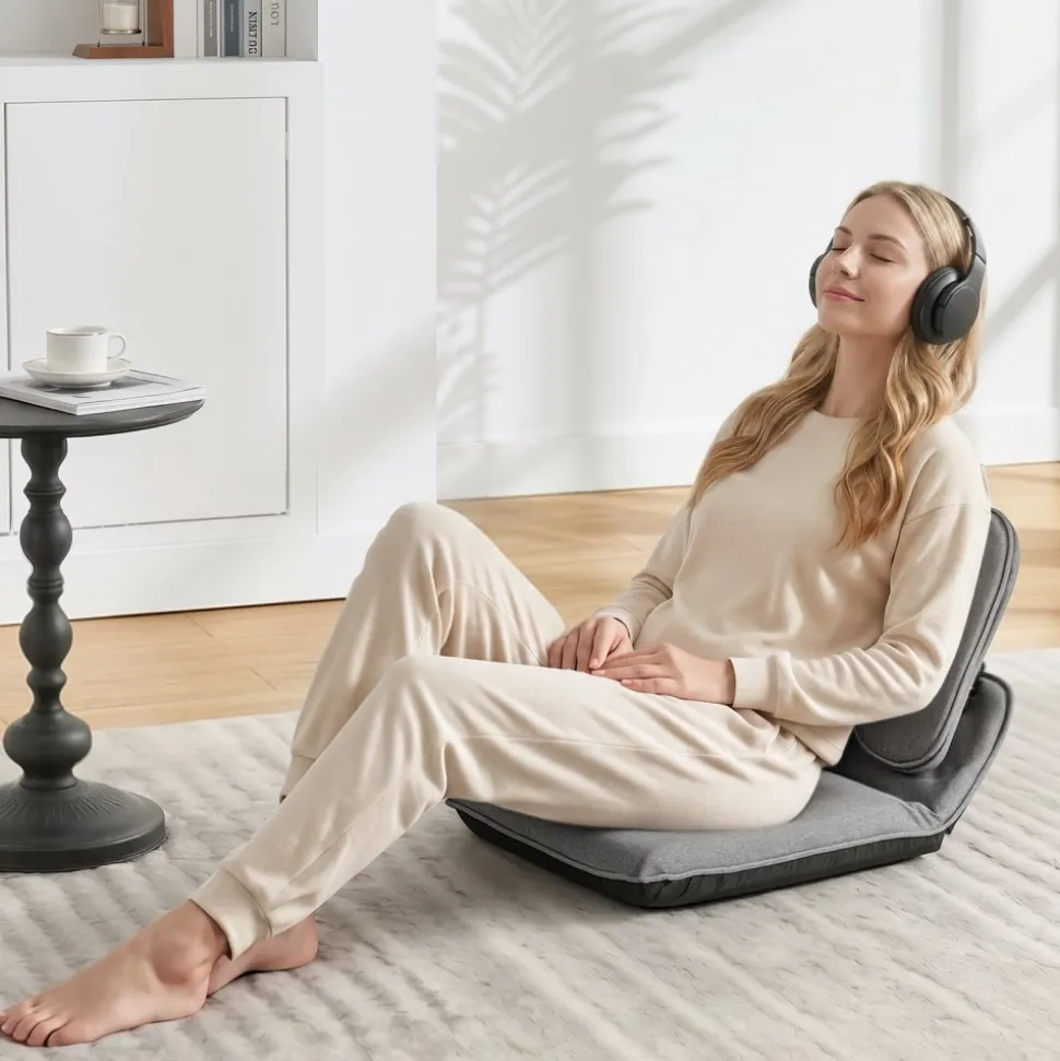 VEVOR Floor Chair, 5 Adjustable Positions Folding Floor Gaming Chair with Ergonomic Back Support, Sturdy Metal Frame with Recycled Foam and Linen Fabric, Multifunctional for Reading, Relaxing, Gray
