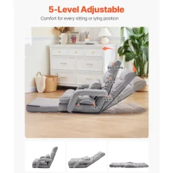VEVOR Floor Chair, Floor Gaming Chair with 5 Adjustable Position and Back Support, Folding Sofa Chair with Armrest for Adults, Sofa Lounger Bed with Back Cushion for Living Room and Bedroom, Gray