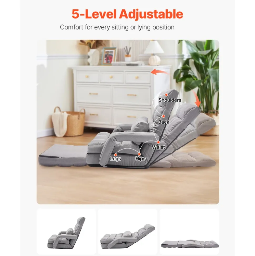VEVOR Floor Chair, Floor Gaming Chair with 5 Adjustable Position and Back Support, Folding Sofa Chair with Armrest for Adults, Sofa Lounger Bed with Back Cushion for Living Room and Bedroom, Gray