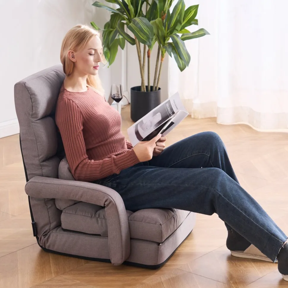 VEVOR Floor Chair, Floor Gaming Chair with 5 Adjustable Position and Back Support, Folding Sofa Chair with Armrest for Adults, Sofa Lounger Bed with Back Cushion for Living Room and Bedroom, Gray