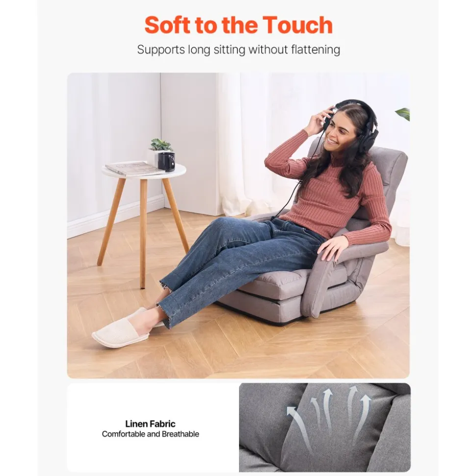 VEVOR Floor Chair, Floor Gaming Chair with 5 Adjustable Position and Back Support, Folding Sofa Chair with Armrest for Adults, Sofa Lounger Bed with Back Cushion for Living Room and Bedroom, Gray