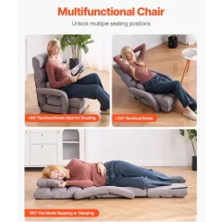VEVOR Floor Chair, Floor Gaming Chair with 5 Adjustable Position and Back Support, Folding Sofa Chair with Armrest for Adults, Sofa Lounger Bed with Back Cushion for Living Room and Bedroom, Gray