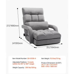 VEVOR Floor Chair, Floor Gaming Chair with 5 Adjustable Position and Back Support, Folding Sofa Chair with Armrest for Adults, Sofa Lounger Bed with Back Cushion for Living Room and Bedroom, Gray
