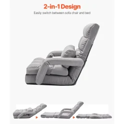 VEVOR Floor Chair, Floor Gaming Chair with 5 Adjustable Position and Back Support, Folding Sofa Chair with Armrest for Adults, Sofa Lounger Bed with Back Cushion for Living Room and Bedroom, Gray