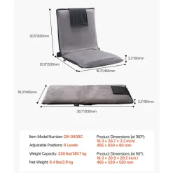 VEVOR Floor Chair, 6-Position Adjustable Meditation Chair with Back Support, Folding Sofa Chair for Reading TV Watching and Gaming, Portable Floor Seat Lounge Sofa Chair for Kids Teens Adults, Gray