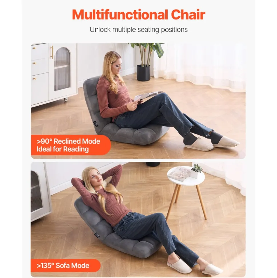 VEVOR Floor Chair, Recycled Foam Folding Sofa Chair with 14 Adjustable Positions, Multifunctional Floor Chair with Back Support Ideal for Sleeping Reading, Floor Gaming Chair Suitable for Kids, Gray