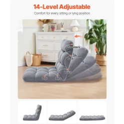 VEVOR Floor Chair, Recycled Foam Folding Sofa Chair with 14 Adjustable Positions, Multifunctional Floor Chair with Back Support Ideal for Sleeping Reading, Floor Gaming Chair Suitable for Kids, Gray