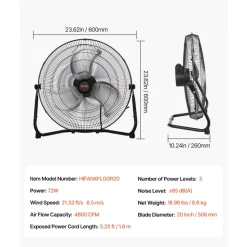 VEVOR Floor Fan, 3 Speeds High Velocity Heavy Duty 14 Inch Industrial Fan, 2560 CFM 360° Adjustable Tilt 19.69 ft/sec Airflow Large Metal Fan, for Home, Gym, Office, Garage, Commercial Shop & Bedroom