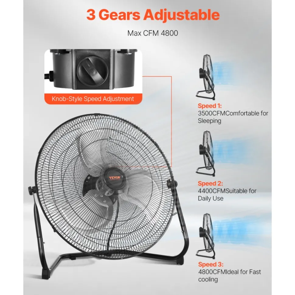 VEVOR Floor Fan, 3 Speeds High Velocity Heavy Duty 14 Inch Industrial Fan, 2560 CFM 360° Adjustable Tilt 19.69 ft/sec Airflow Large Metal Fan, for Home, Gym, Office, Garage, Commercial Shop & Bedroom