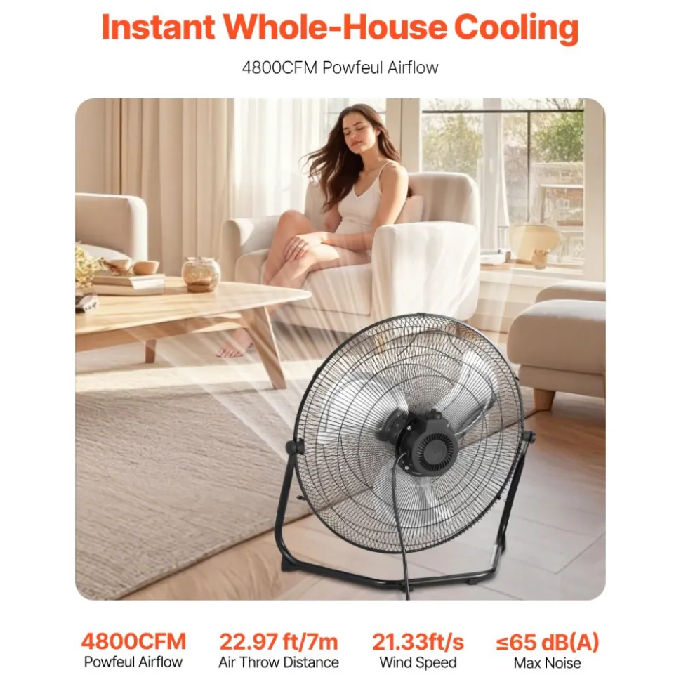 VEVOR Floor Fan, 3 Speeds High Velocity Heavy Duty 14 Inch Industrial Fan, 2560 CFM 360° Adjustable Tilt 19.69 ft/sec Airflow Large Metal Fan, for Home, Gym, Office, Garage, Commercial Shop & Bedroom