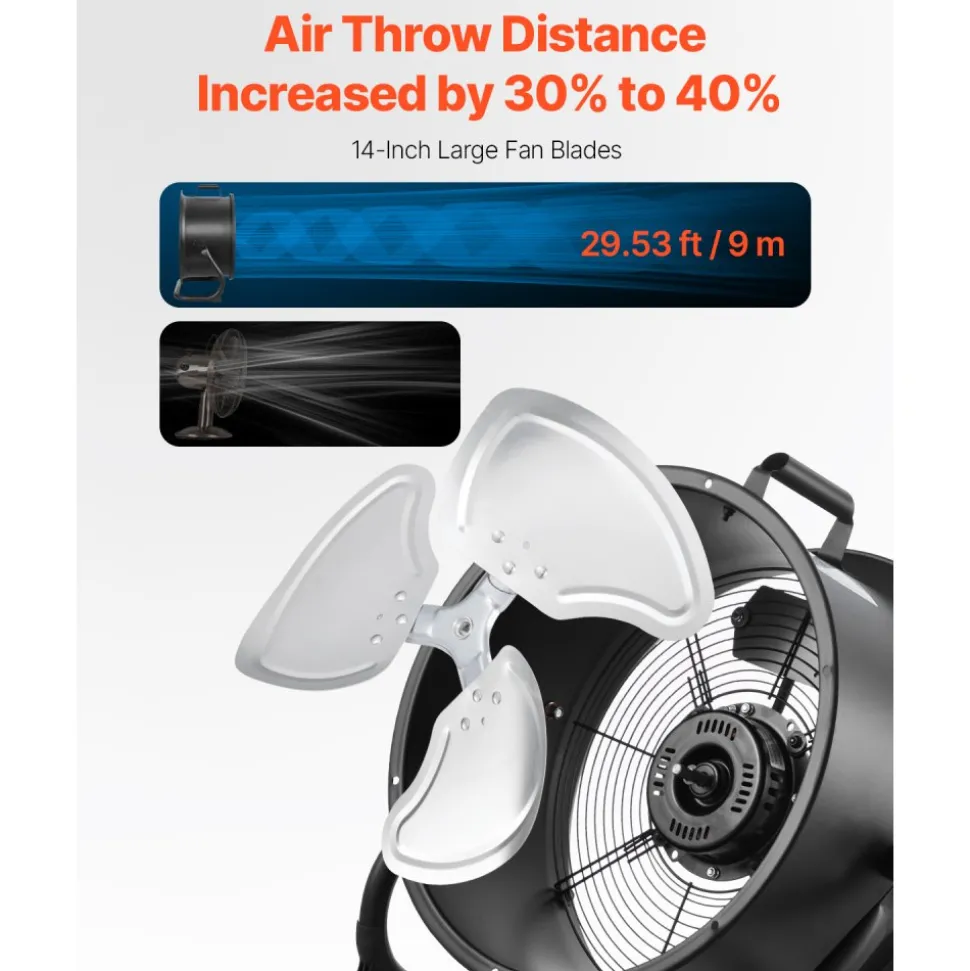 VEVOR Floor Fan, 3 Speeds High Velocity Heavy Duty 14 Inch Industrial Fan, 2520 CFM 360° Adjustable Tilt 23.62 ft/sec Airflow Large Metal Fan, for Home, Gym, Office, Garage, Commercial Shop & Bedroom