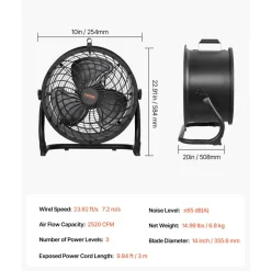VEVOR Floor Fan, 3 Speeds High Velocity Heavy Duty 14 Inch Industrial Fan, 2520 CFM 360° Adjustable Tilt 23.62 ft/sec Airflow Large Metal Fan, for Home, Gym, Office, Garage, Commercial Shop & Bedroom