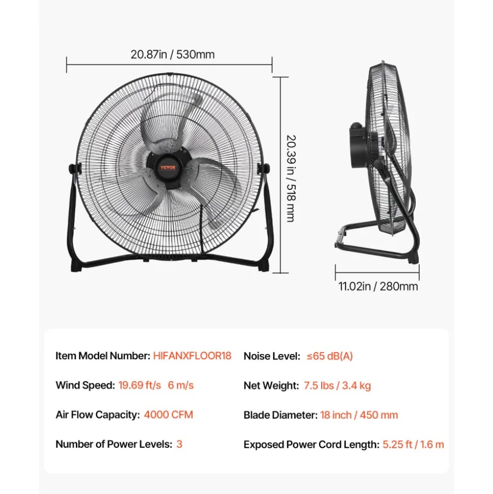 VEVOR Floor Fan, 3 Speeds High Velocity Heavy Duty 18 Inch Industrial Fan, 4000 CFM 360° Adjustable Tilt 19.69 ft/sec Airflow Large Metal Fan, for Home, Gym, Office, Garage, Commercial Shop & Bedroom