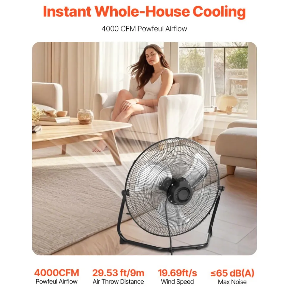 VEVOR Floor Fan, 3 Speeds High Velocity Heavy Duty 18 Inch Industrial Fan, 4000 CFM 360° Adjustable Tilt 19.69 ft/sec Airflow Large Metal Fan, for Home, Gym, Office, Garage, Commercial Shop & Bedroom