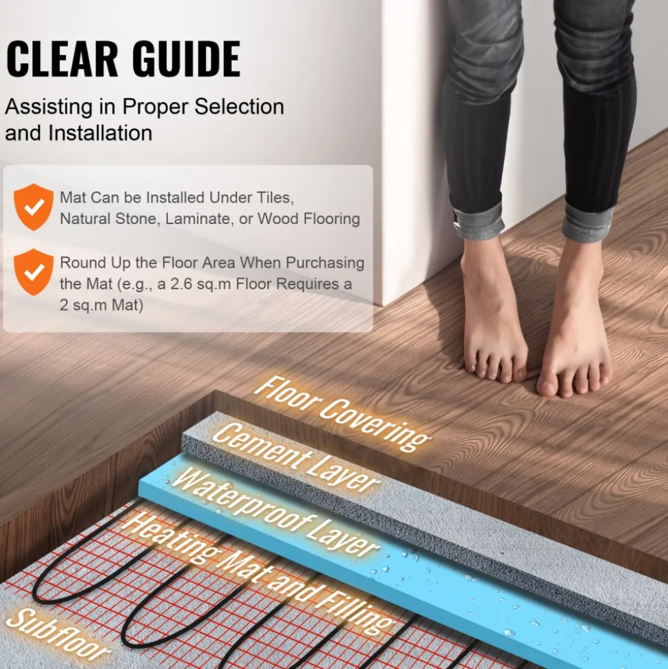 VEVOR Floor Heating Mat,100Sq.ft. 14℉-113℉ Electric Radiant Floor Heated Warm System with Digital Floor Sensing Thermostat, 110-120V Includes Installation Monitor, Adhesive Back for Easy Installation