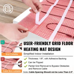 VEVOR Floor Heating Mat,100Sq.ft. 14℉-113℉ Electric Radiant Floor Heated Warm System with Digital Floor Sensing Thermostat, 110-120V Includes Installation Monitor, Adhesive Back for Easy Installation