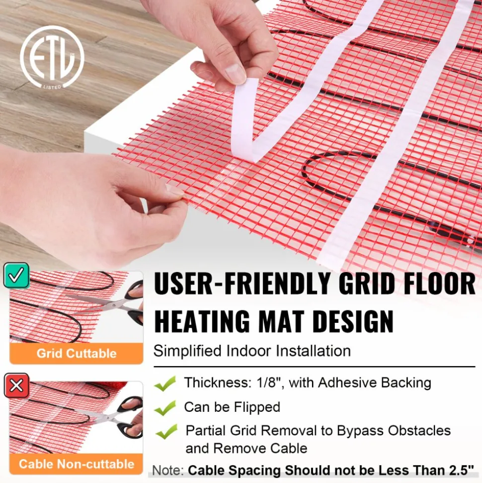 VEVOR Floor Heating Mat,100Sq.ft. 14℉-113℉ Electric Radiant Floor Heated Warm System with Digital Floor Sensing Thermostat, 110-120V Includes Installation Monitor, Adhesive Back for Easy Installation